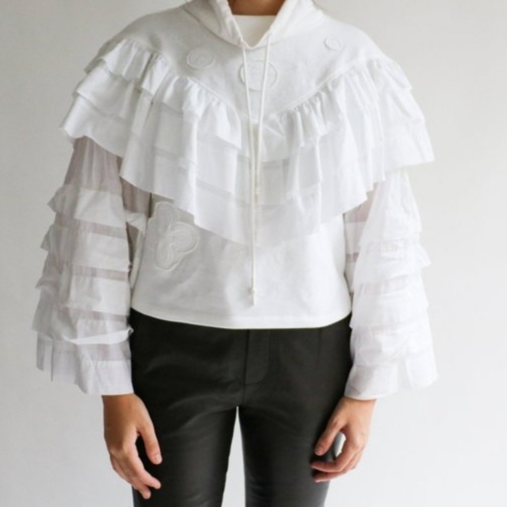 Opening Ceremony Ruffle Embroidered Sweater White Size Large Cowl Neck